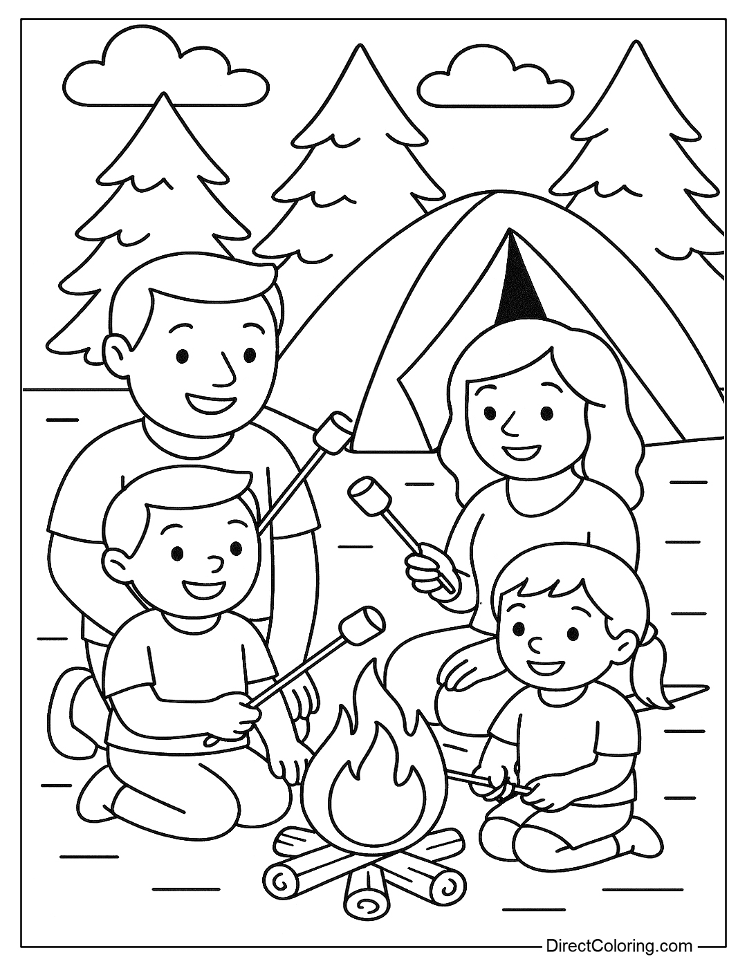 coloring page A human family camping in the woods, with a tent, a campfire, and roasting marshmallows